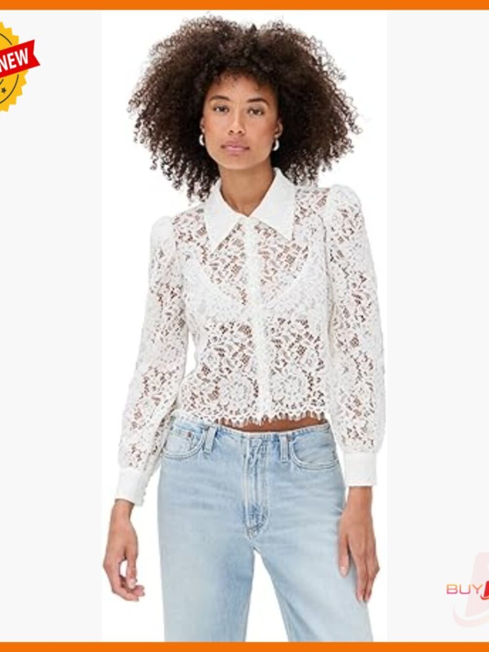 Floral Lace Button-Down Blouse with Scalloped Hem and Long Sleeves